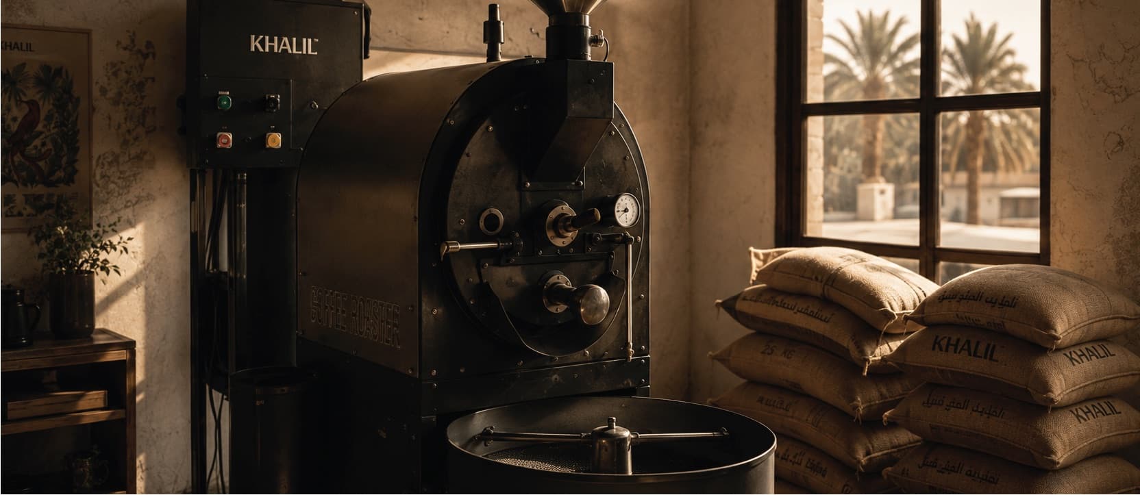 Inside the Khalil roastery — a KHALIL-branded drum roaster, stacked coffee sacks, and palms through the window.